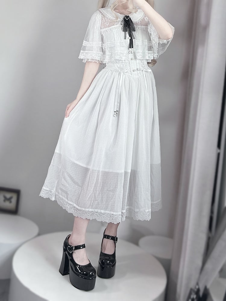 Kei Design Jirai Long and Lace-up Waist Fabric with Cape White Dress Chiffon
