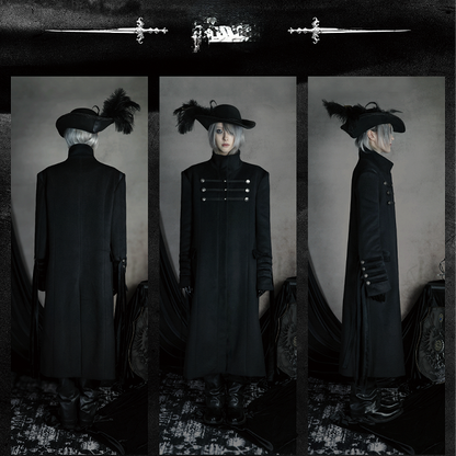 Long Gothic Coat Detials Strap Mock Neck Black with Buckle Royal