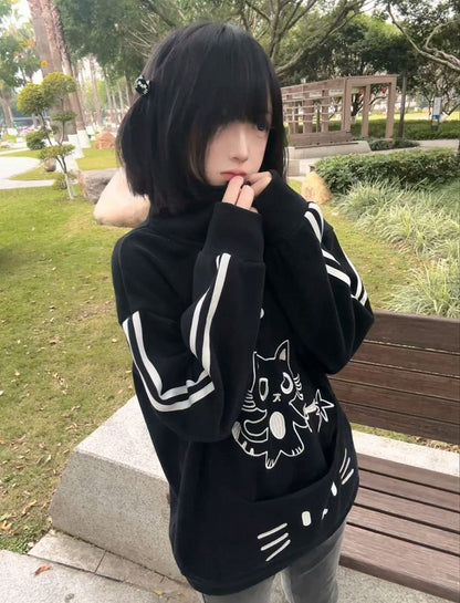 / Fleece-lined Front Adorable Partial Black with Embroidery Cat Sweatshirt Red Snap