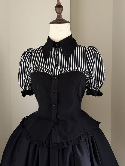 Black Stripes Short Puff Sleeve Gothic Lolita Blouse - Flower Fairy Daily
