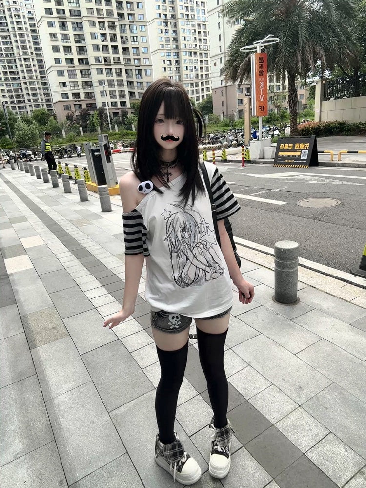 Decor White Y2K Cartoon with T-shirt Print Girl Skeleton Sleeve Striped