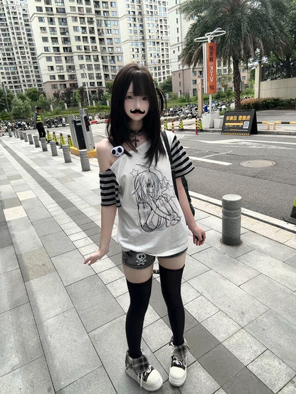 Decor White Y2K Cartoon with T-shirt Print Girl Skeleton Sleeve Striped