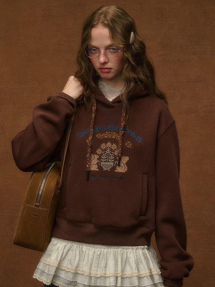 Hoodie Embroidery Vintage Squirrel Preppy with Brown