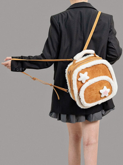 Chic 2-Way Small-Sized Brown Backpack With Plush Trim And Fuzzy Star Accents