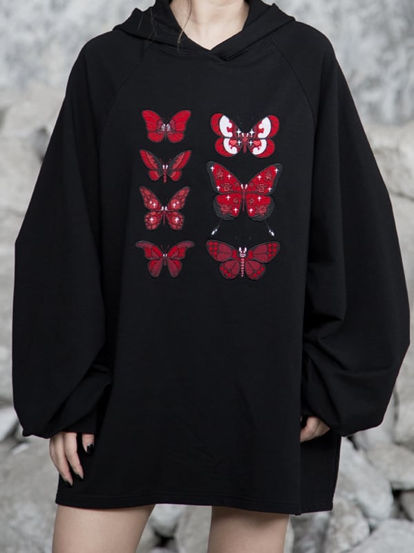 Flock Butterfly Dark Embroidery with Loose Delicate Romance Gothic Red Hoodie Black