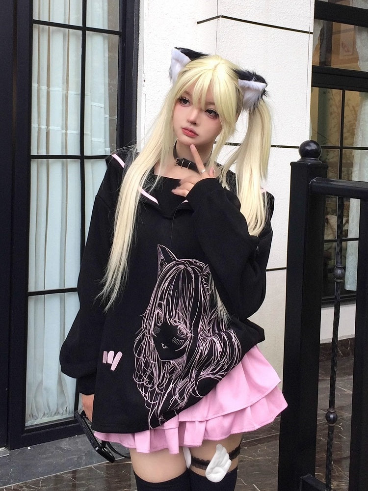 Ribbon and Girl Print Jirai Sweatshirt with Back Black/Pink Collar Bow Sailor - Kei Manga Style