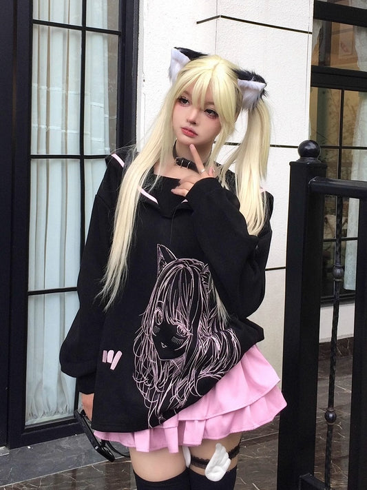 Ribbon and Girl Print Jirai Sweatshirt with Back Black/Pink Collar Bow Sailor - Kei Manga Style