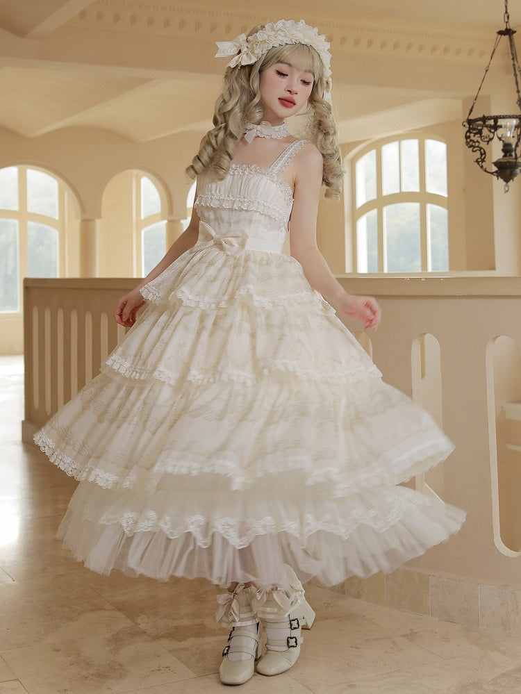 クリーム色のティアードプリントスカートジャンパー、ビーズのロリータネックライン