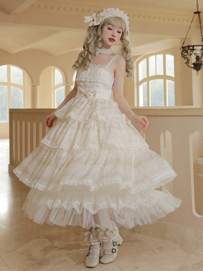 クリーム色のティアードプリントスカートジャンパー、ビーズのロリータネックライン