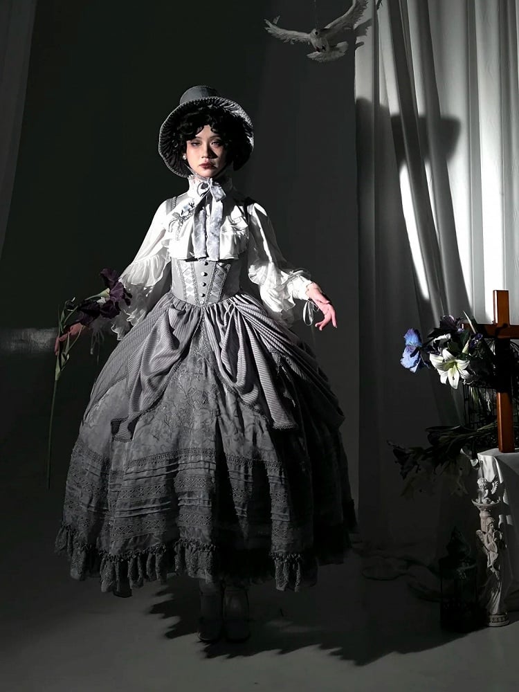 with Under Boned Waist Gray Gothic Bust Lolita Embroidery Dress Detail