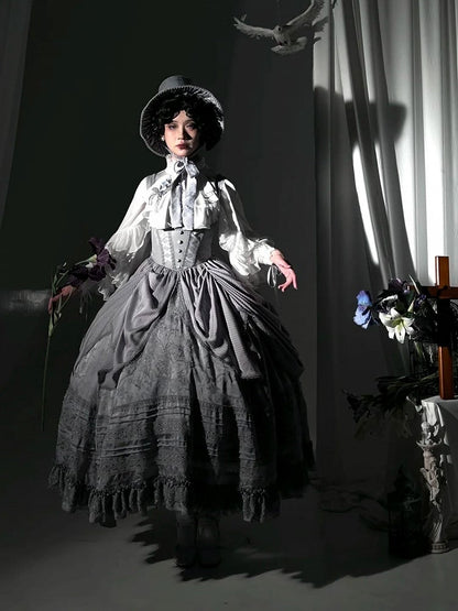 with Under Boned Waist Gray Gothic Bust Lolita Embroidery Dress Detail