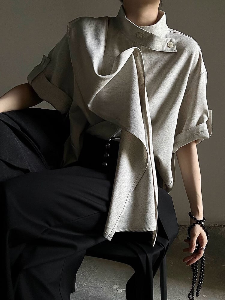 Short Shirt Unisex Collar Extended Sleeve Stand with Beige