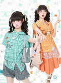 Green Asymmetrical Plaid Shirt with Orange Embroidery - Languid Park