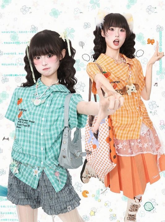 Green Asymmetrical Plaid Shirt with Orange Embroidery - Languid Park