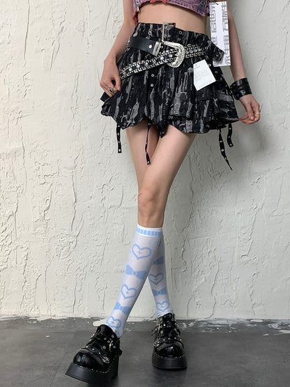 Y2K Underknee Bowknot Heart And Print Blue Stockings