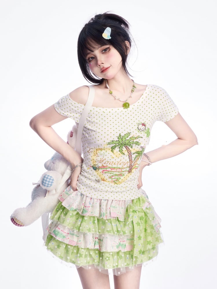 Y2K Grüner Stufenrock mit großer Schleife und elastischer Taille