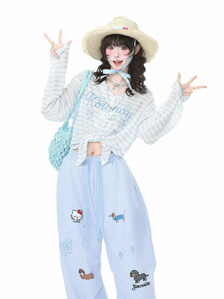 Blue Striped V-Neck Long-Sleeve Top with Animal Print - Languid Park