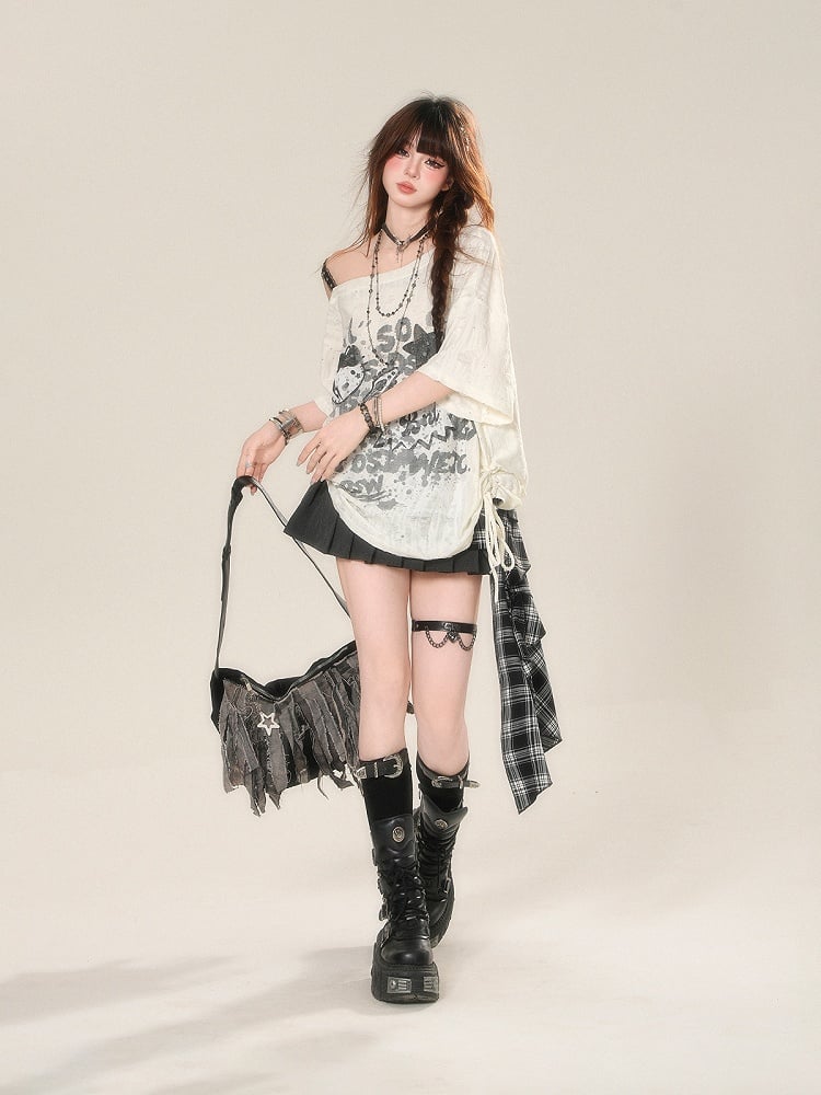 Lace Top Drawstring Graffiti Waist Apricot Print Asymmetrical Neckline