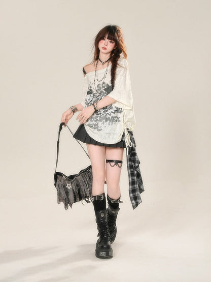 Lace Top Drawstring Graffiti Waist Apricot Print Asymmetrical Neckline