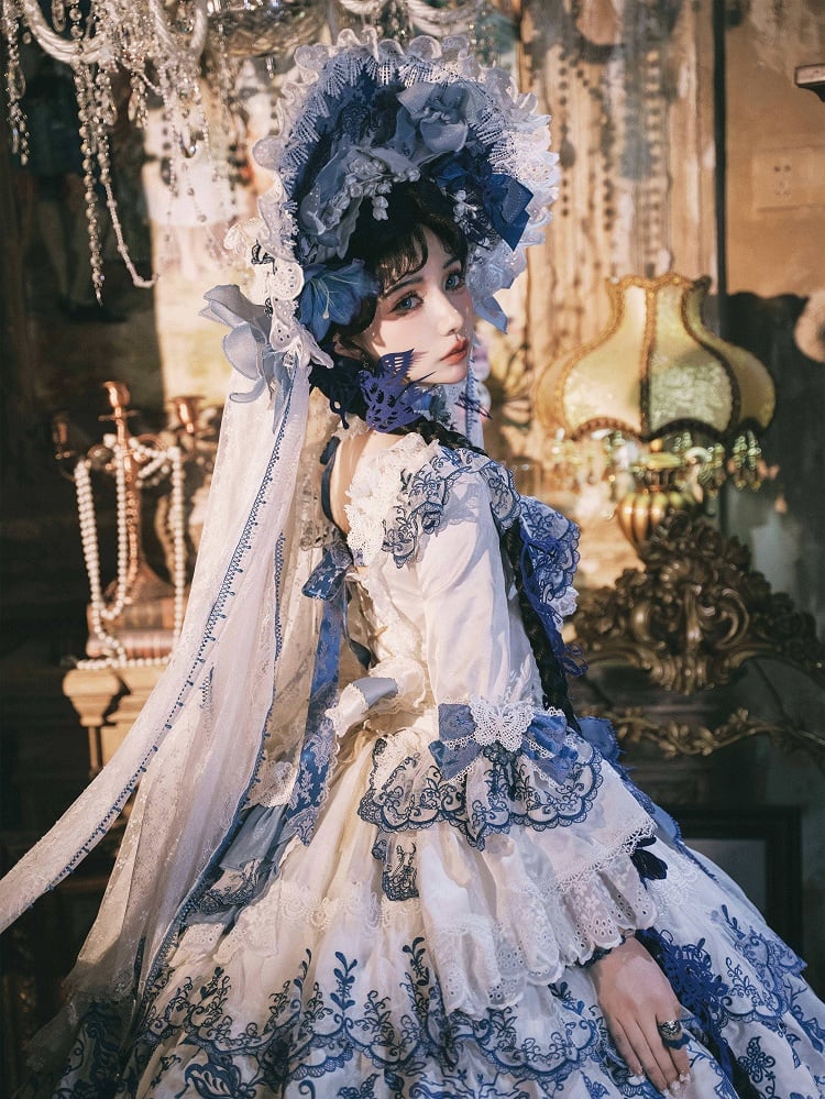 White and Blue Bonnet with Detachable Veil by Bramble Rose