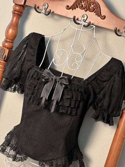 Neckline Short Blouse 89-108CM Black for Sleeves L Clearance-Size Square Bust