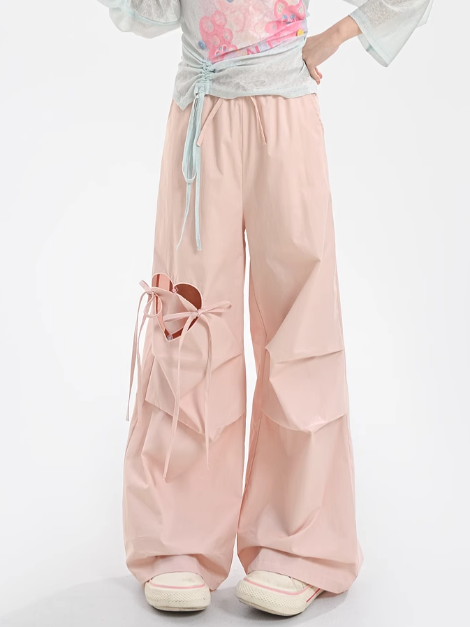 Blue/Pink Heart-shaped Cutout Wide-leg Pants Drawstring Waist