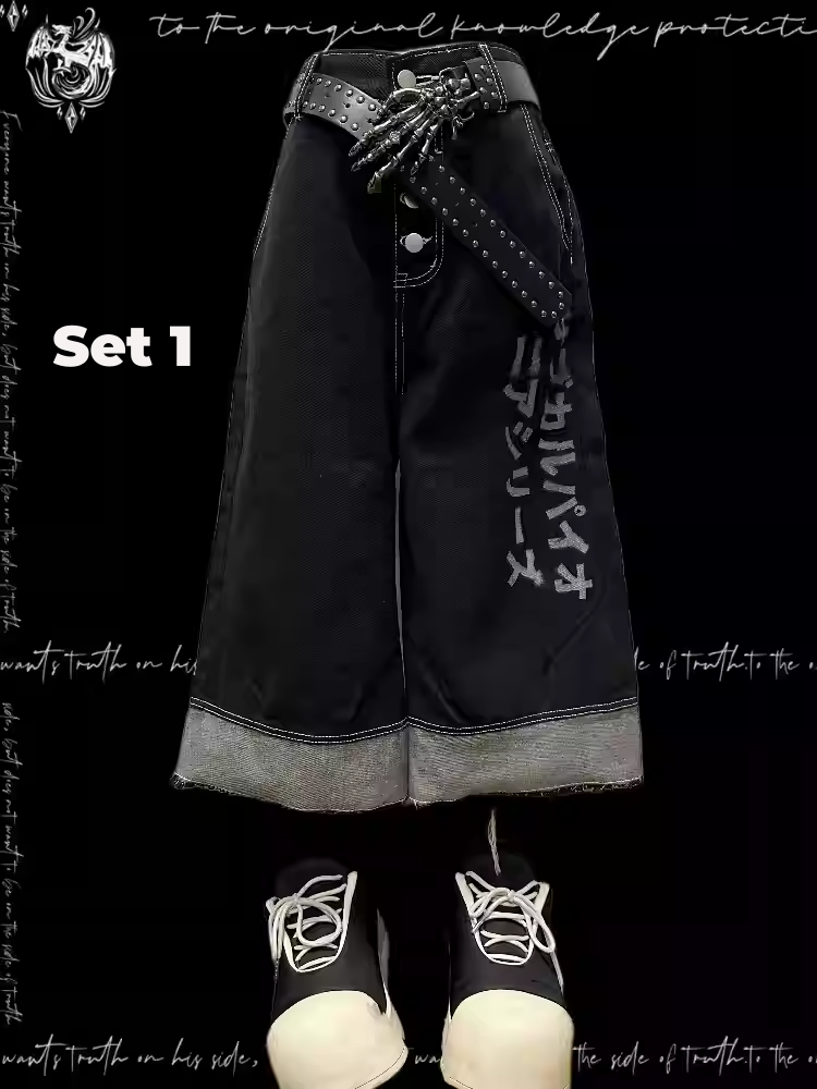 Jeans mit weitem Bein und verwaschener Schwarz-Mehrknopfleiste