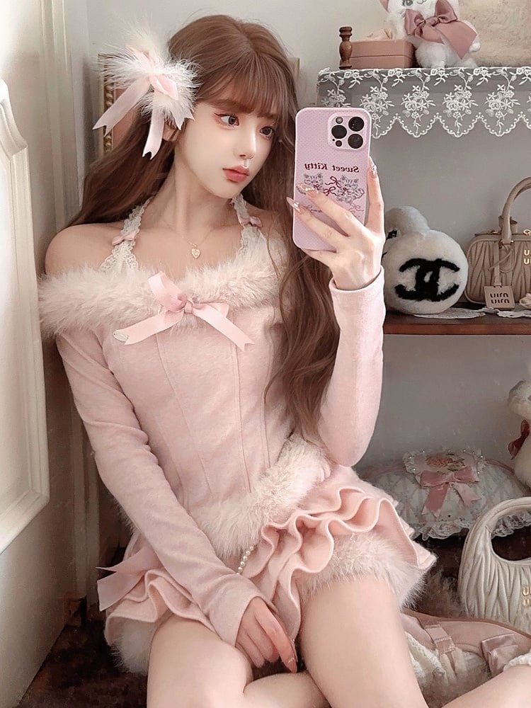 Pink Off-Shoulder Knit Top With Faux Fur  Charming Bow Accent