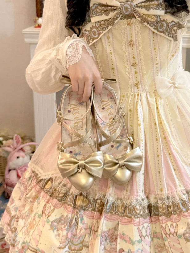 リボンハイヒール、ストラップトップバックル、ゴールド