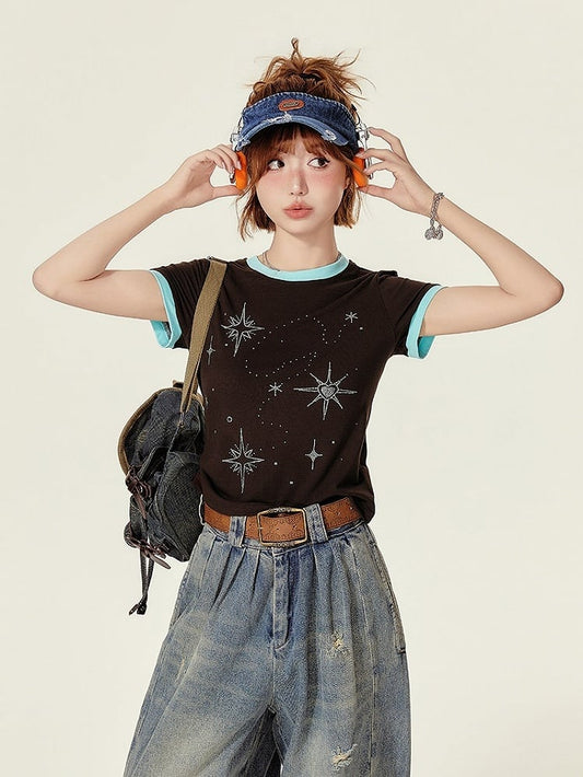 Retro Style Short Sleeve Summer T-Shirt - Star Embellished & Round Neck - Girlyhalo
