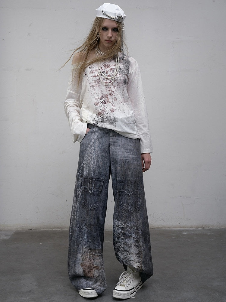 Print Spitzenjeans Schnitt Weites Bein Blau Kette Punk Wasteland Details