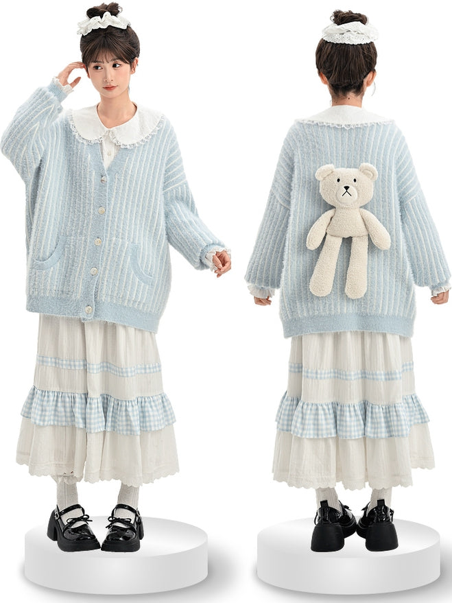 Cute Little Bear Plushie Adorned  Blue Striped Loose Cardigan