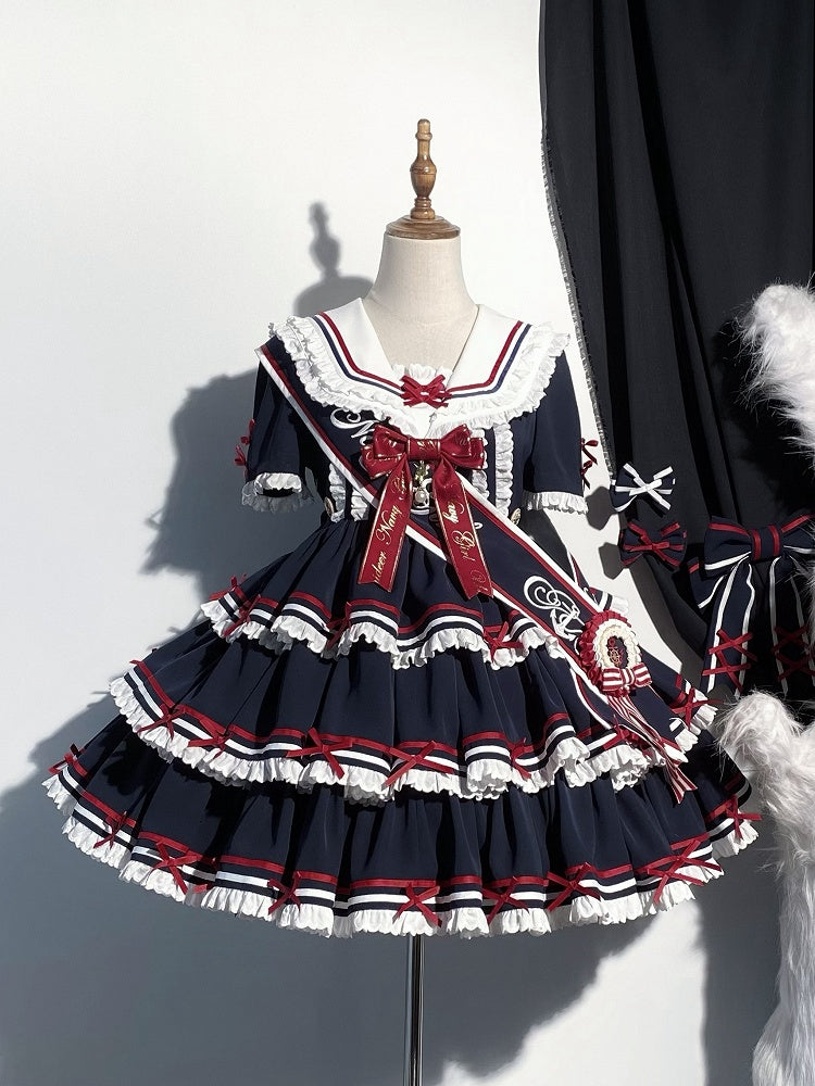 Lolita-Kleid, kurz, abnehmbar, Marineblau, mit Ärmeln, blau, Sommer-Matrosenkragen