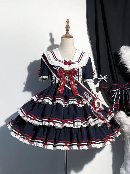 Lolita-Kleid, kurz, abnehmbar, Marineblau, mit Ärmeln, blau, Sommer-Matrosenkragen