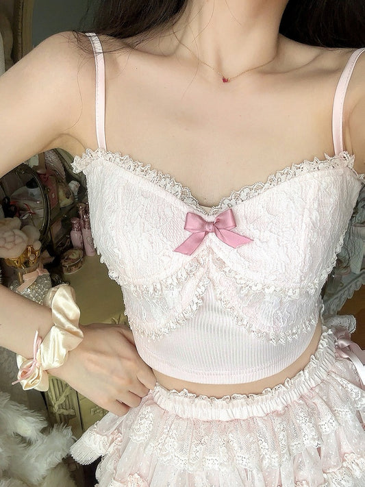 Adjustable Straps Cami Pink Embroidery  Floral Top With Lace