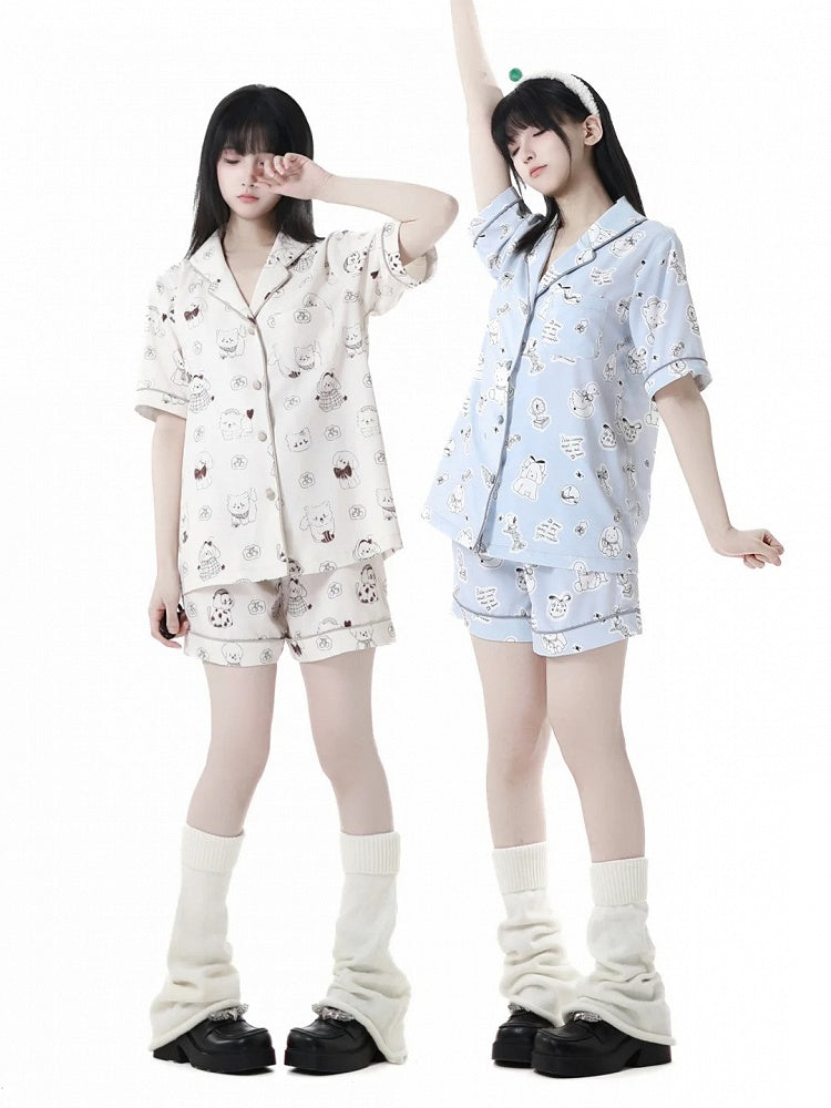 子犬プリントのパジャマセット ブルー/クリーム色 キュートなイエローライト