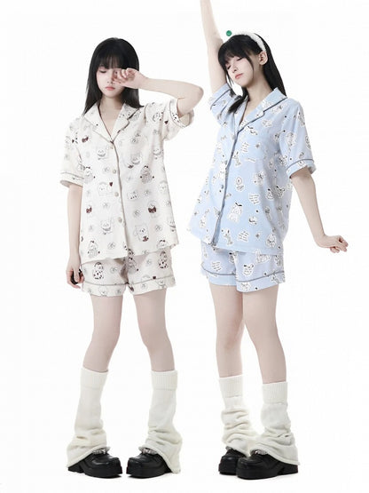 子犬プリントのパジャマセット ブルー/クリーム色 キュートなイエローライト