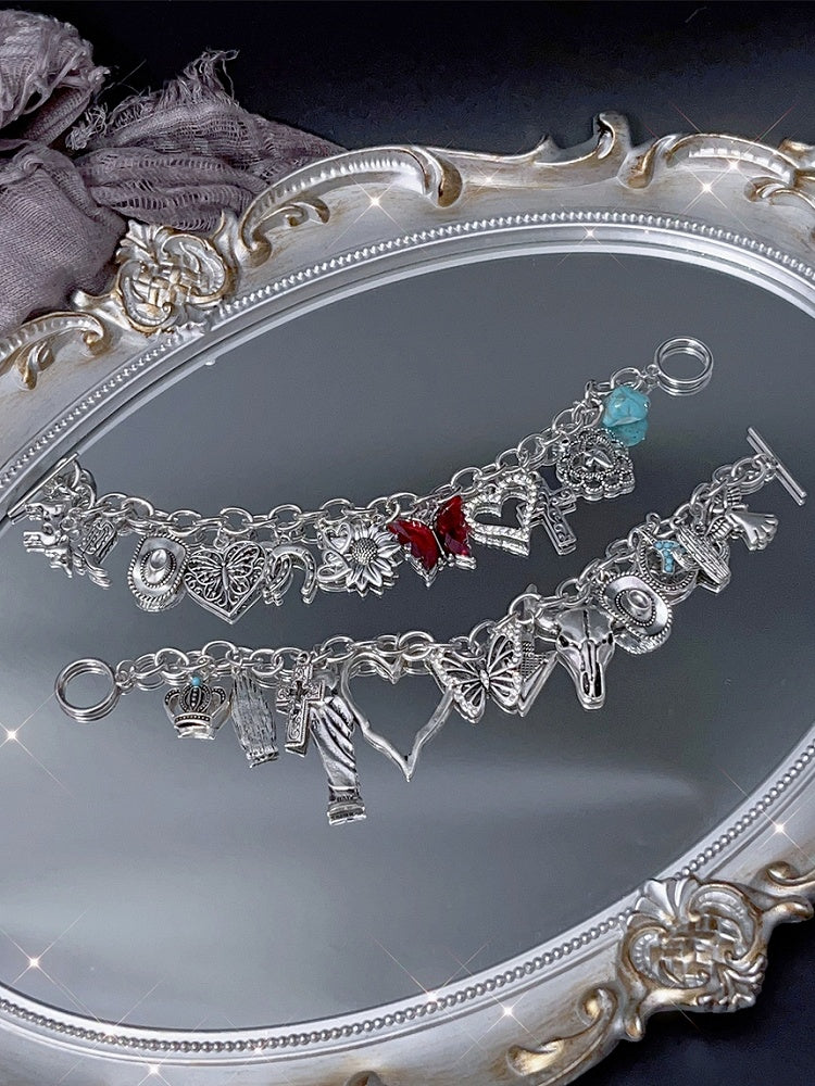 Armband Y2K Silber/Rot und Schmetterling Kreuz Herz Charm