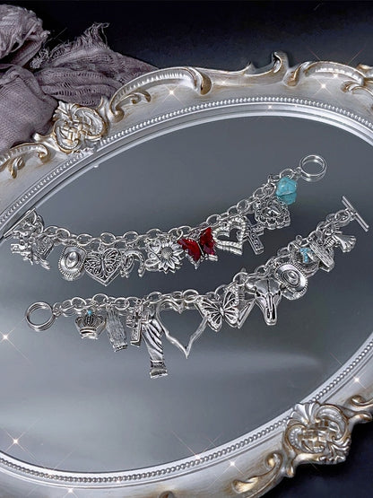 ブレスレット Y2K シルバー/レッド＆バタフライクロスハートチャーム