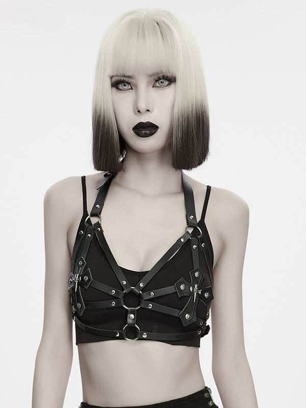Cross Accents Black Leather Punk Halter Harness - Punk Rave