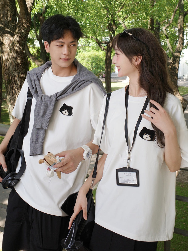 アップリケ ルーズ ホワイト ラウンドネック キティ 刺繍 Tシャツ