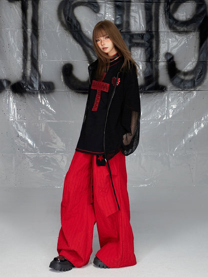 ブラック 中空ハートアップリケ ジップ開閉 長袖 ニットトップス