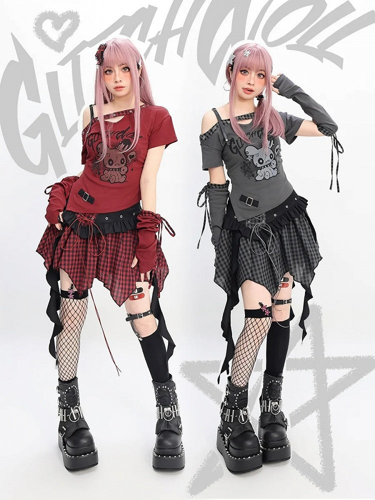 Kostenloses Y2K T-Shirt mit asymmetrischem Ausschnitt Bunny Print Rot/Schwarz Armwear