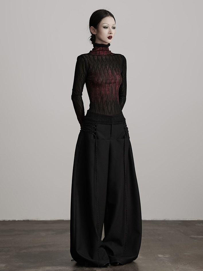 with Tie Curved Deco Pants Wide-Leg Goth Urban Black
