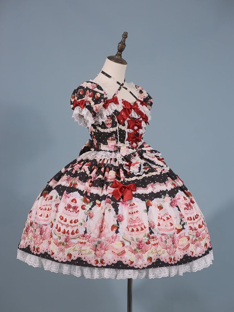 / Accents Cake Sweet Set Print Strawberry Bow Lolita Full Black Dress