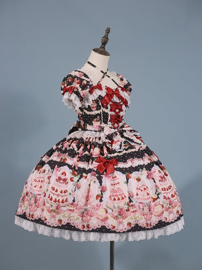 / Accents Cake Sweet Set Print Strawberry Bow Lolita Full Black Dress