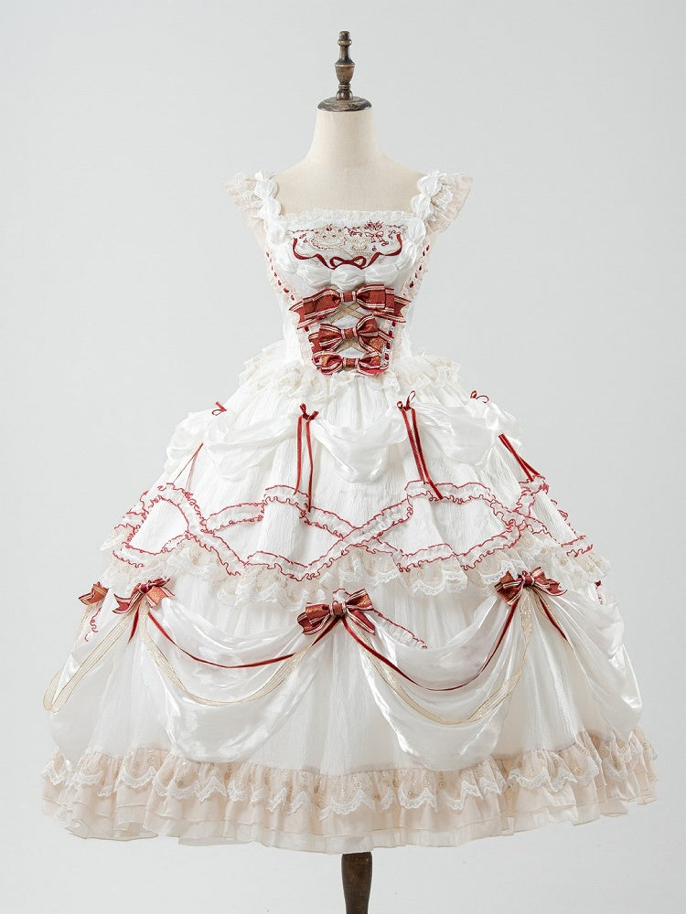 Cake Dress Lolita Embroidered Red White Cherry Hime with Bows Ruffled Multi-Layered