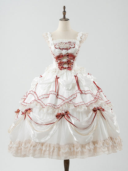Cake Dress Lolita Embroidered Red White Cherry Hime with Bows Ruffled Multi-Layered