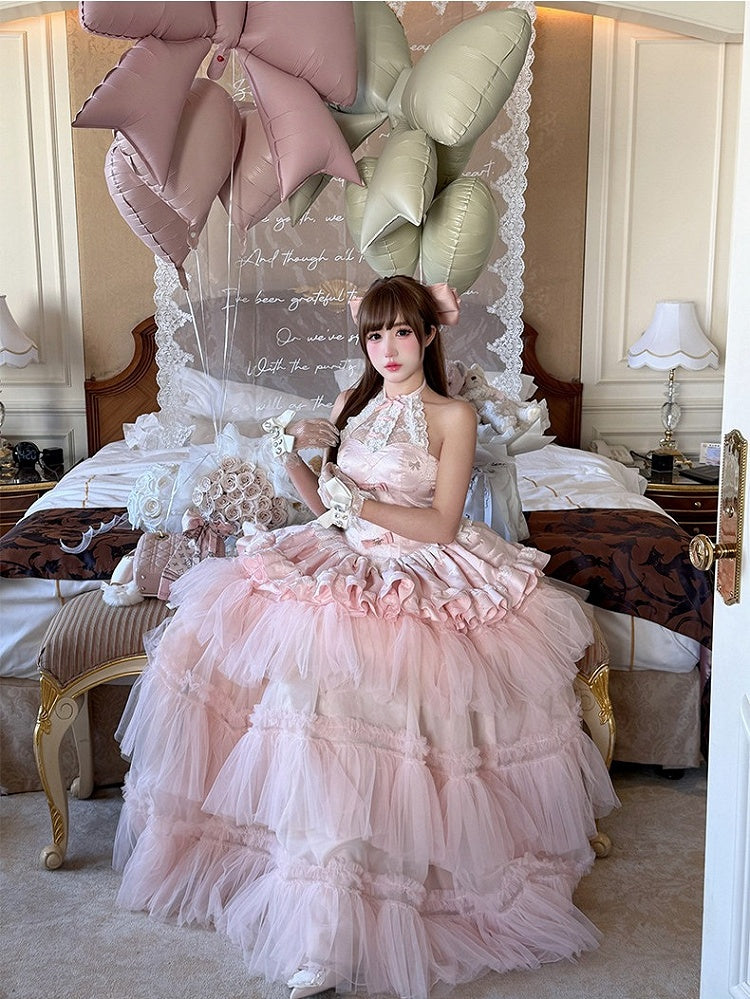 Pink Bow Illusion Halter Evening Dress with Tiered Tulle Skirt - Diamond Honey
