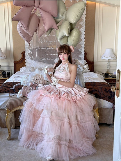Pink Bow Halter Neck Prom Dress with Tiered Tulle - Diamond Honey